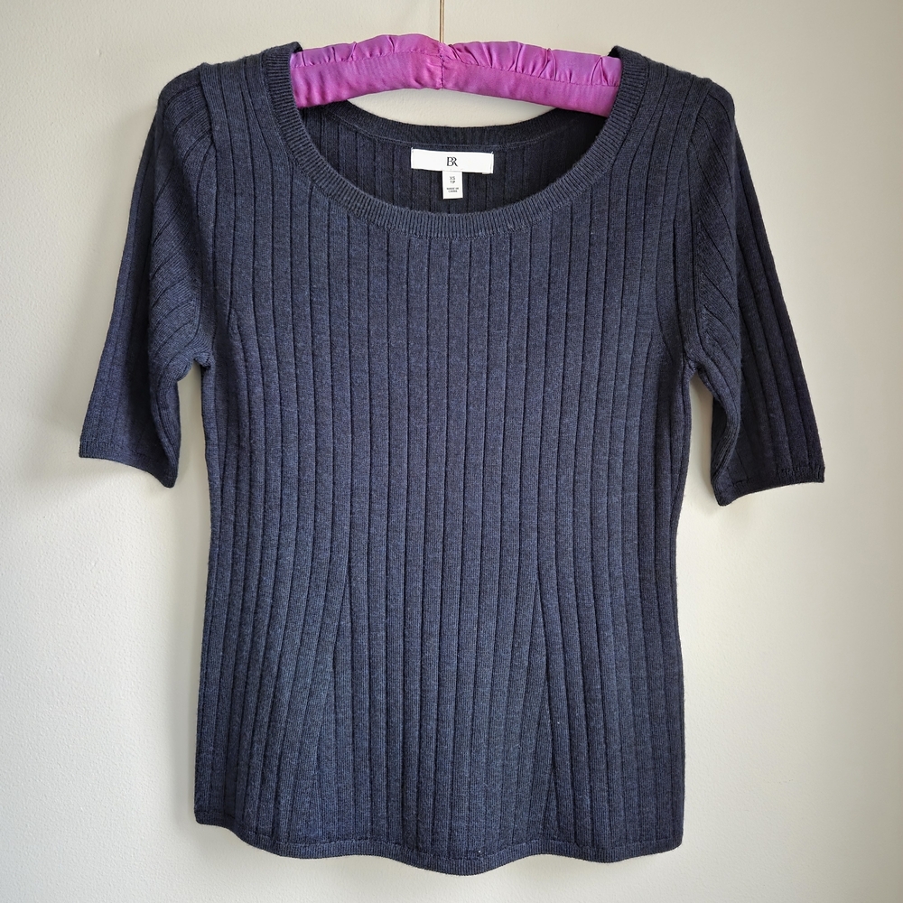 100%Merino Fine NWOT BR Soft Ribbed Fine Knit Fitted Navy T Shirt Top XS